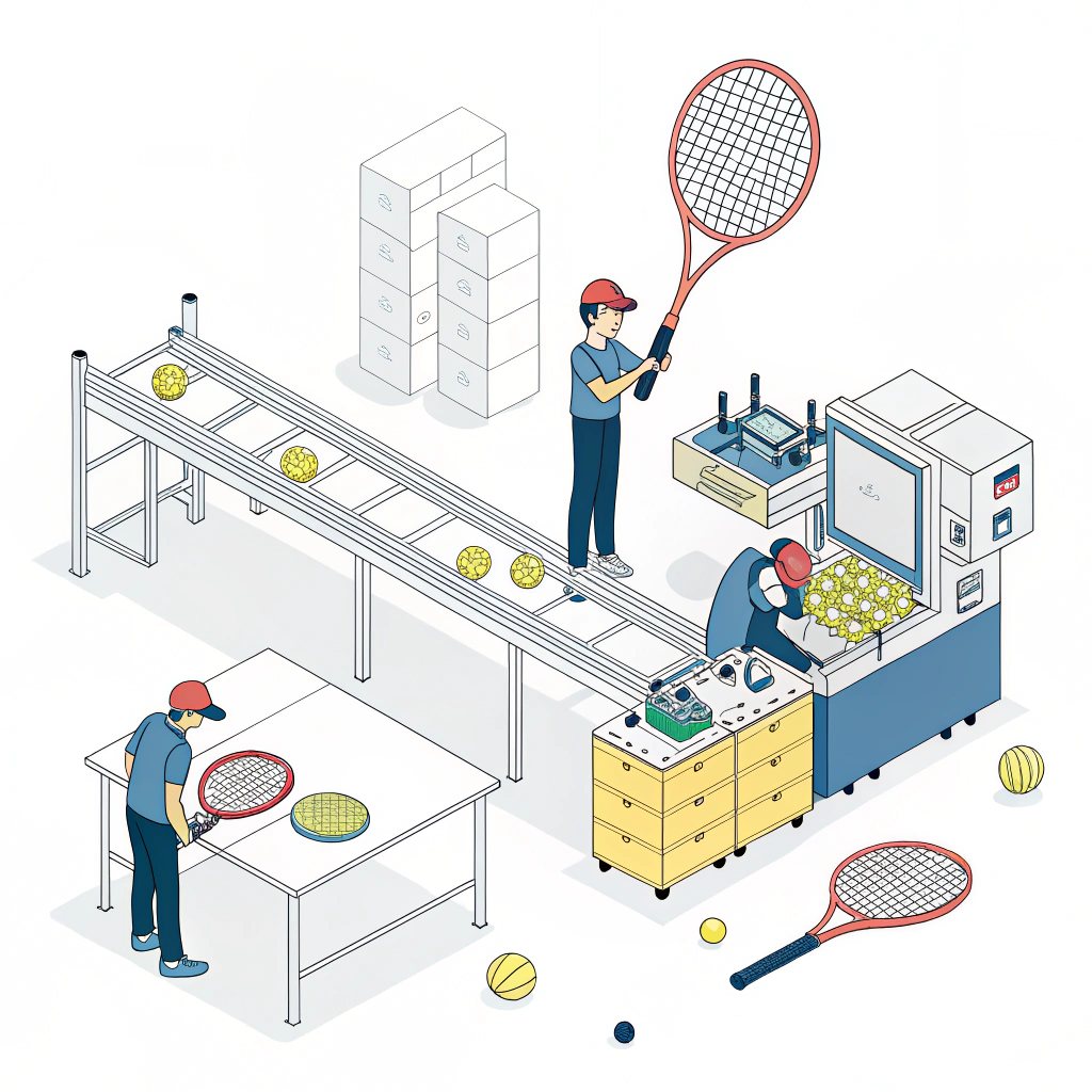 Minimal flat illustration of a padel racket manufacturing process with quality control.