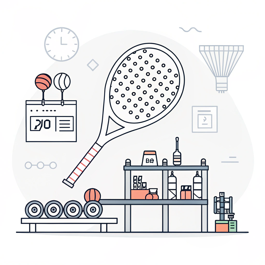 "Simple 2D illustration of a high-tech padel racket manufacturing process."