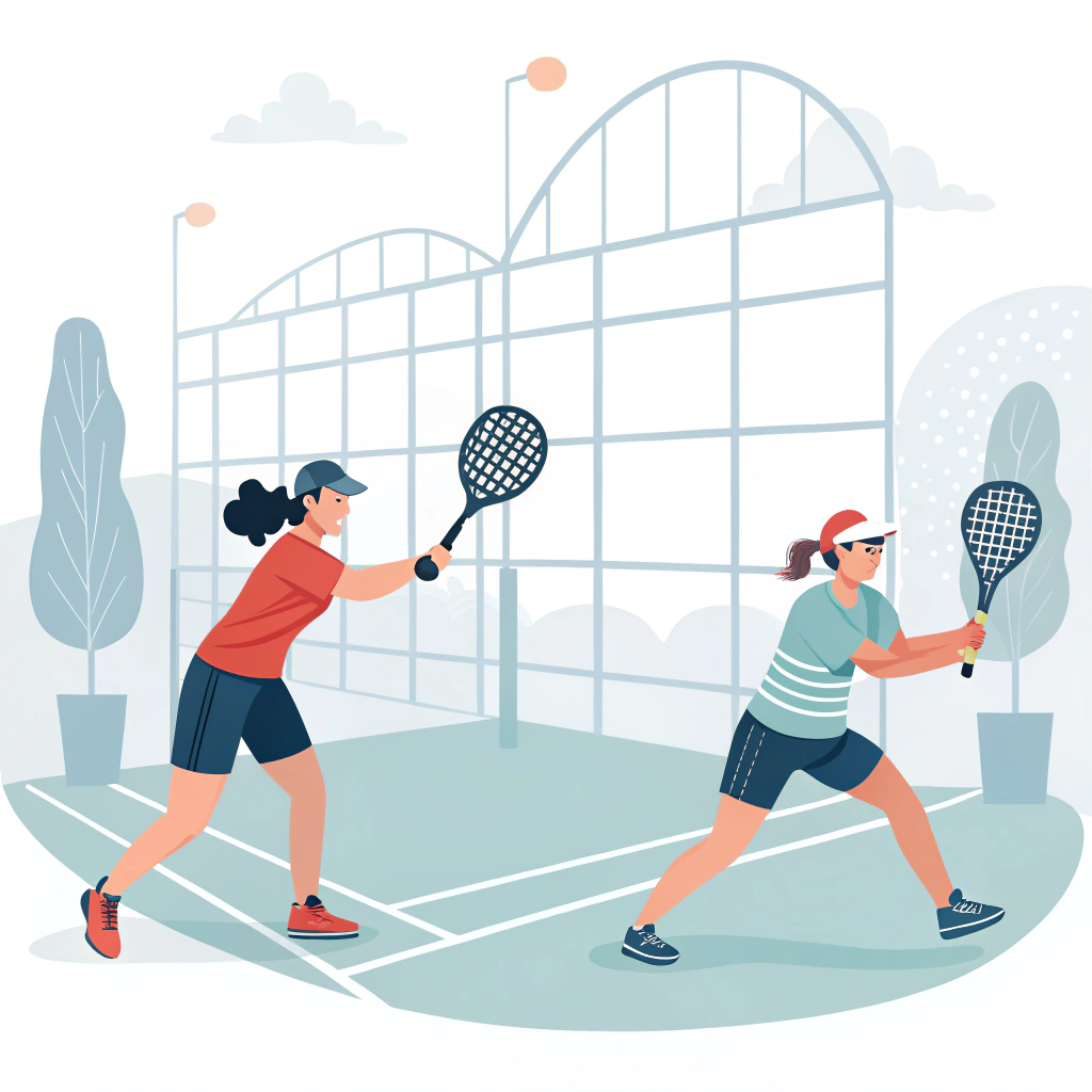 "Engaging minimal illustration of padel club scene with players and custom rackets"