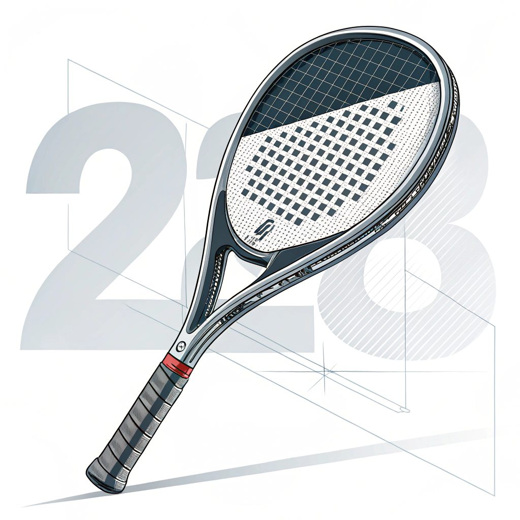 Minimalistic flat illustration of a futuristic padel racket with detailed carbon fiber texture and modern design.