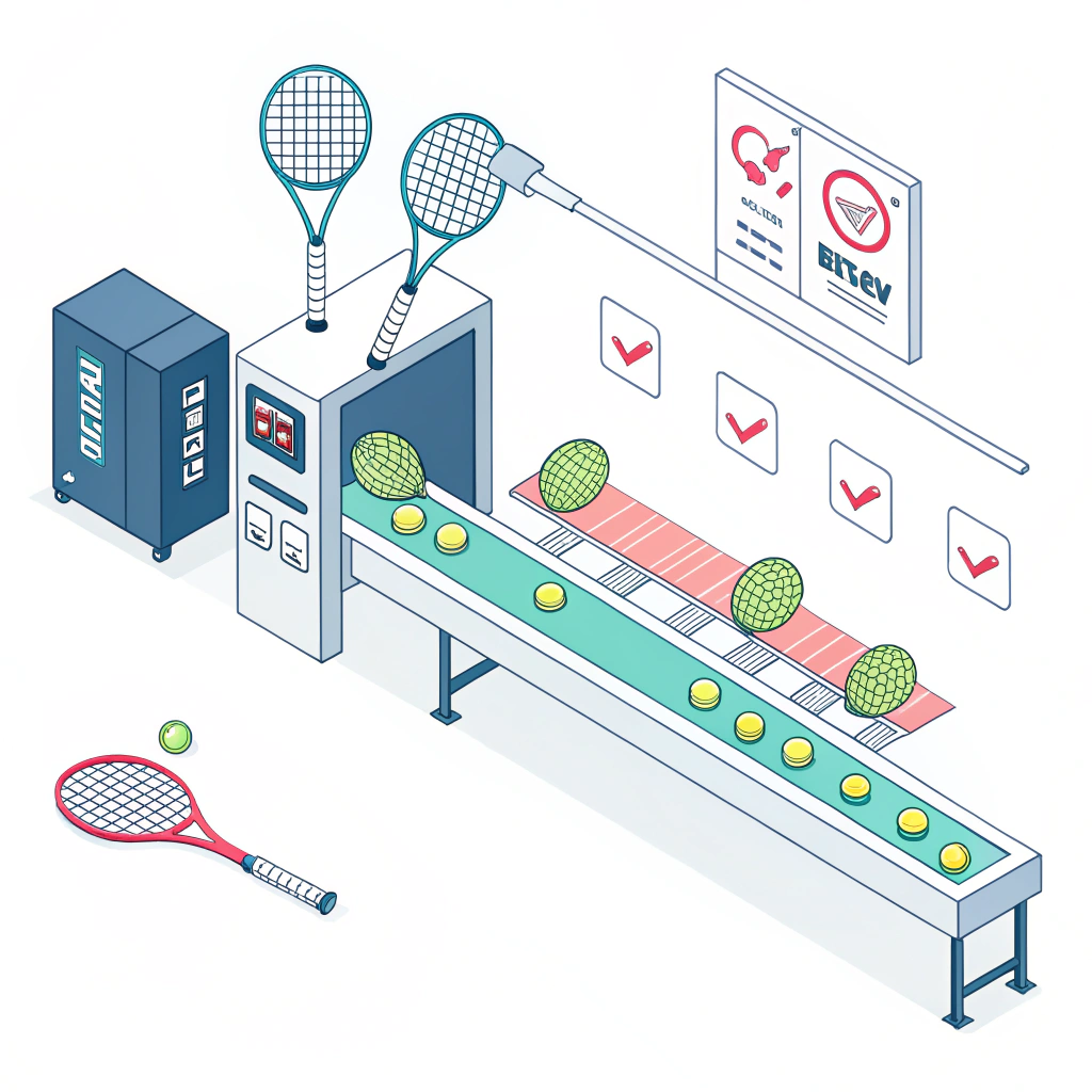 Minimal digital artwork of a padel racket factory production line with quality control symbols and streamlined design.