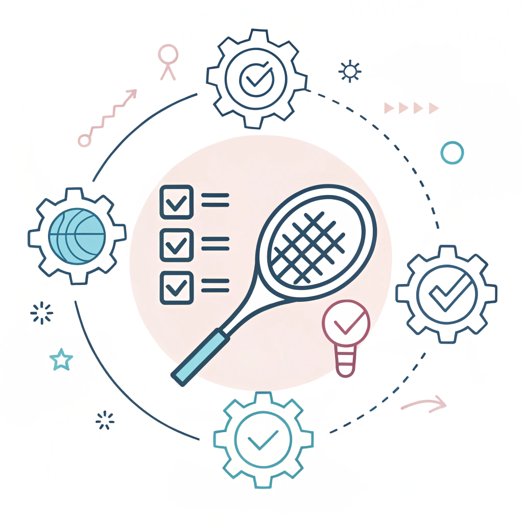 Minimal flat illustration of a padel racket undergoing quality assurance testing