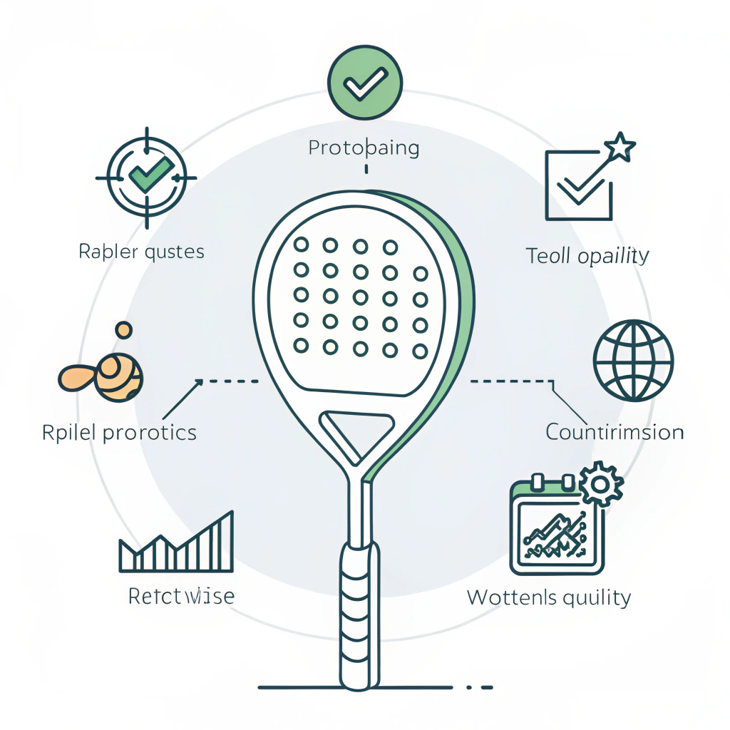 Minimalistic 2D production scene of a padel racket with customization and quality control elements.
