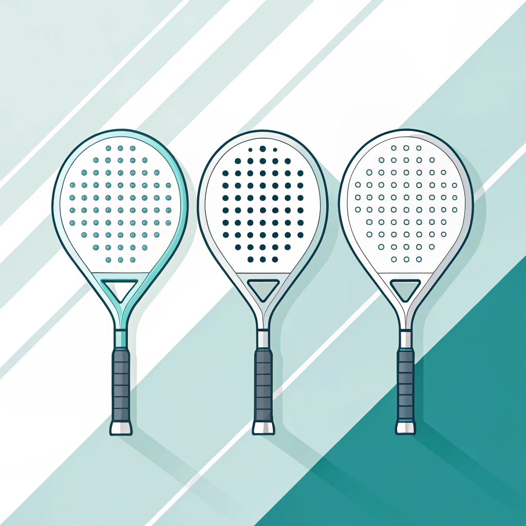 A modern 2D minimal illustration showing diamond, round, and teardrop padel rackets arranged on a simple gradient background.