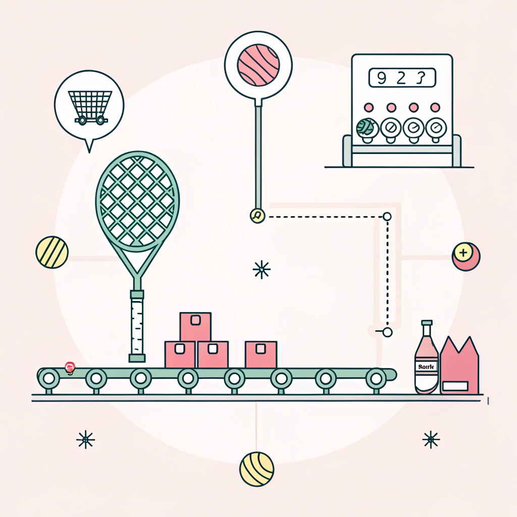 Minimalist illustration of padel racket production and quality control.