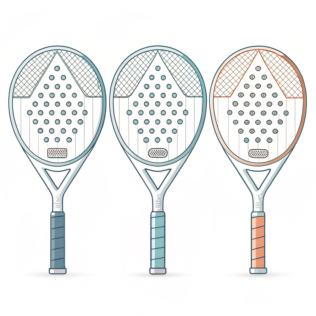 Minimal 2D illustration of three different padel racket shapes emphasizing customizable design