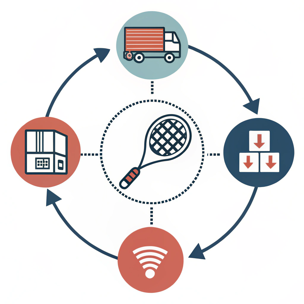 Minimal 2D vector illustration showing padel racket logistics and supply chain network