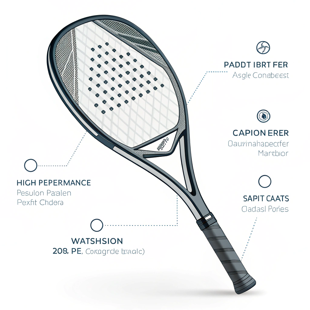 Minimalist illustration of a high-performance padel racket with engineered material details.