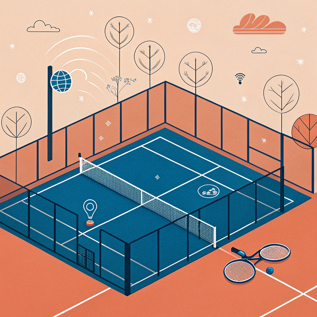 Minimalist futuristic illustration of a padel court and equipment symbolizing market innovation and growth.