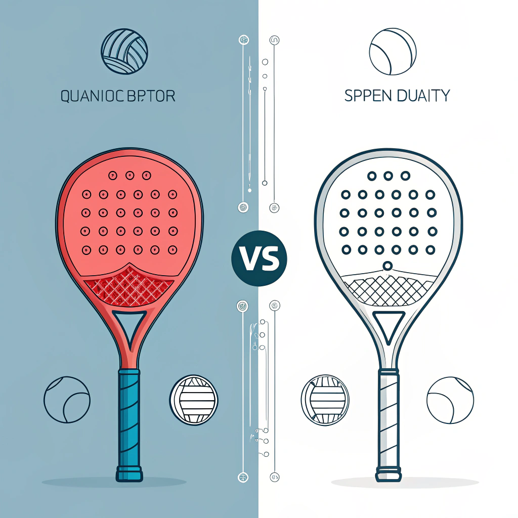 Minimalistic split-panel illustration contrasting advanced padel equipment with simpler designs.
