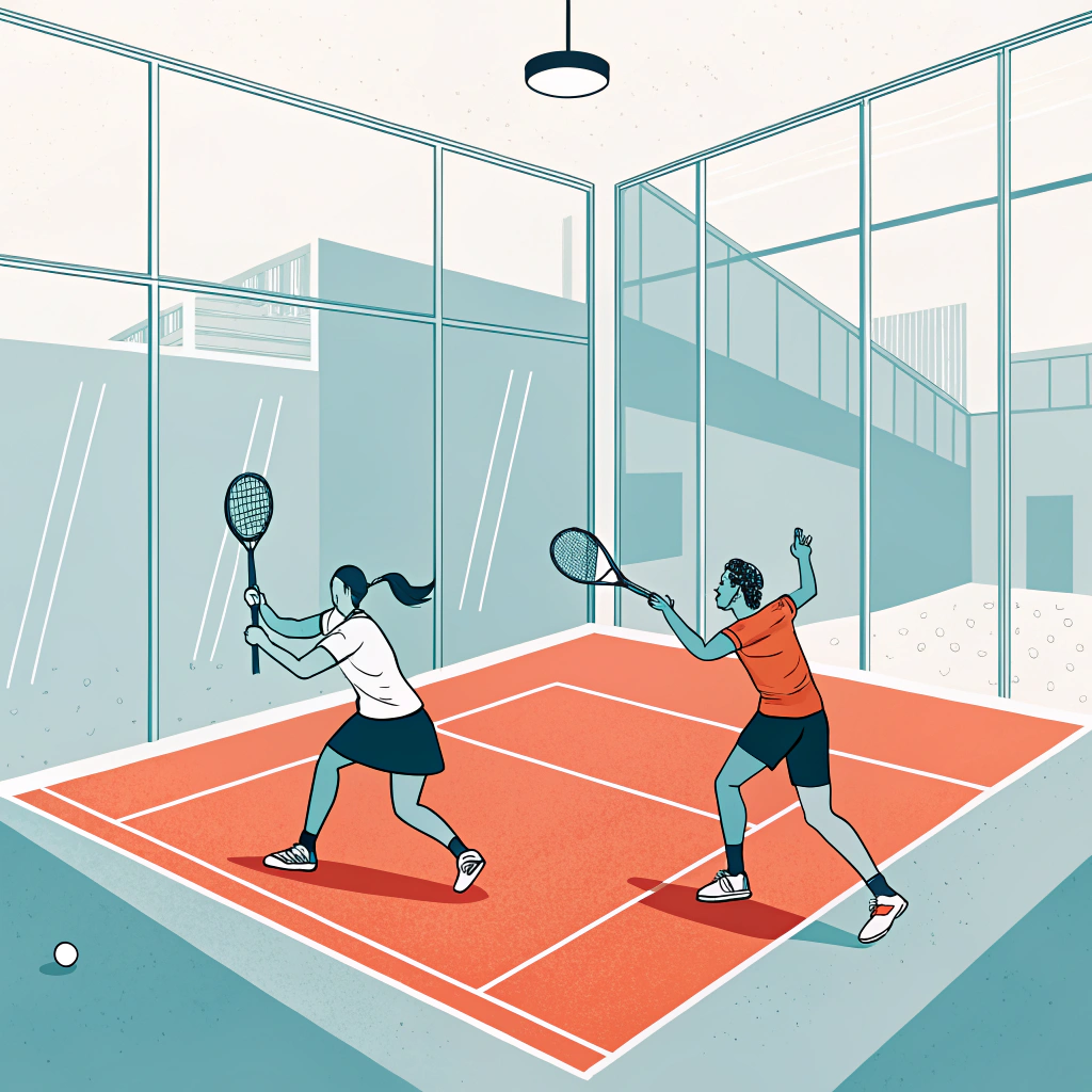 Minimalist illustration of padel tennis play in an energetic fitness center