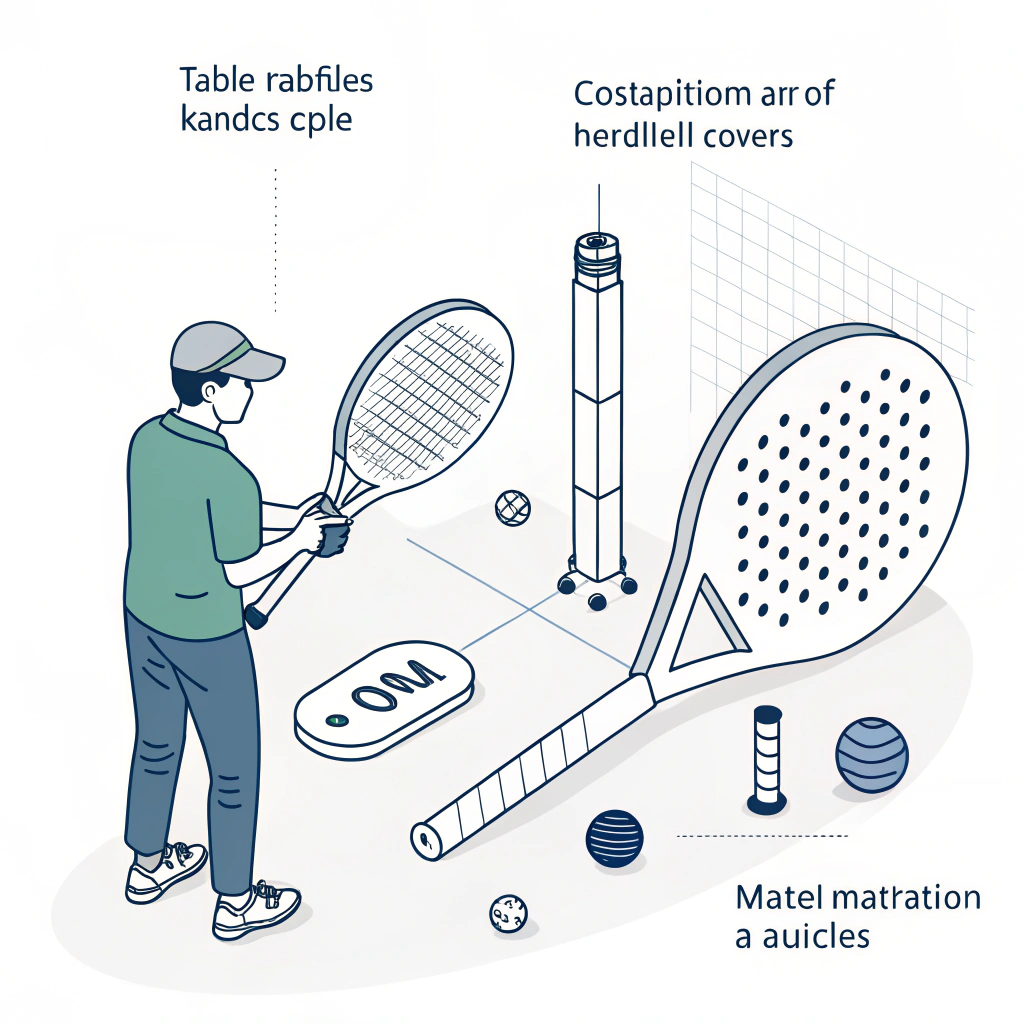 "Simple 2D illustration showcasing customizable components in padel racket manufacturing."