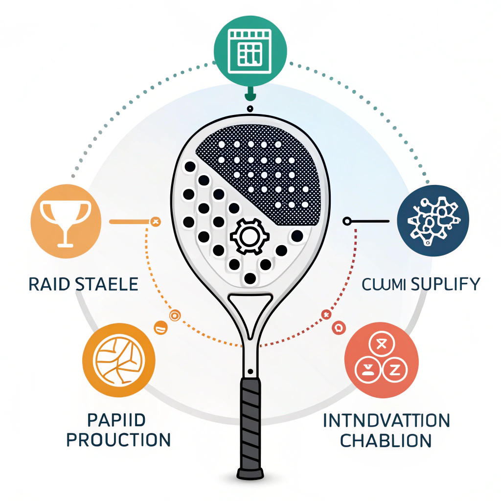Minimalist visual of a customizable, innovative padel racket emphasizing fast turnaround.