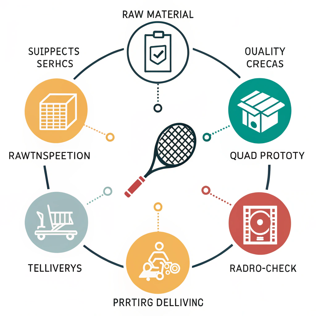 Minimalist 2D illustration showing production process icons and quality assurance steps