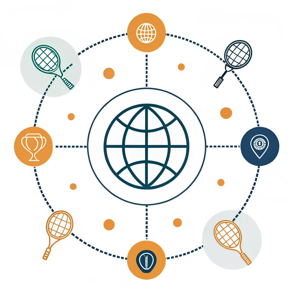2D minimalist illustration of global padel trends with abstract globe and equipment icons