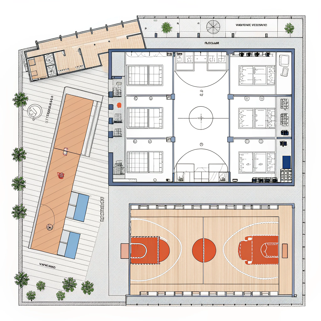 Clean blueprint view of historic factory conversion into a padel centre