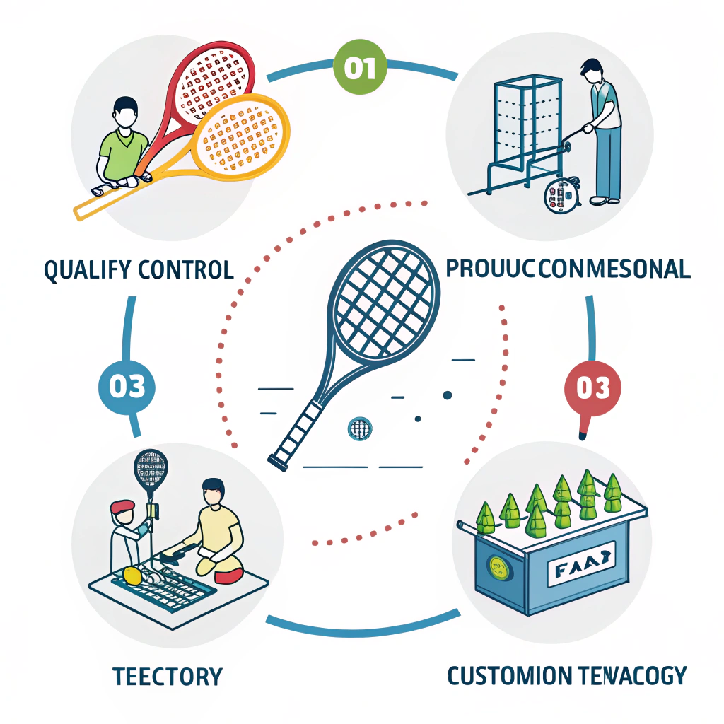 Simple digital art showing evaluation icons with a minimalist padel racket factory background.