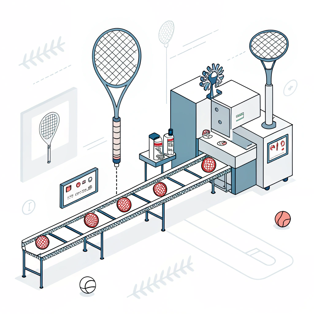 2D flat design art of modern, automated padel racket production scene