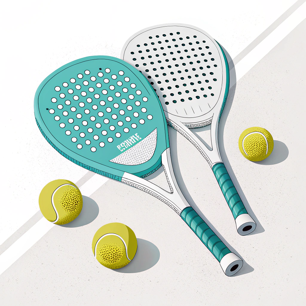 Minimalistic 2D illustration showing various padel rackets and balls in a sporty setting