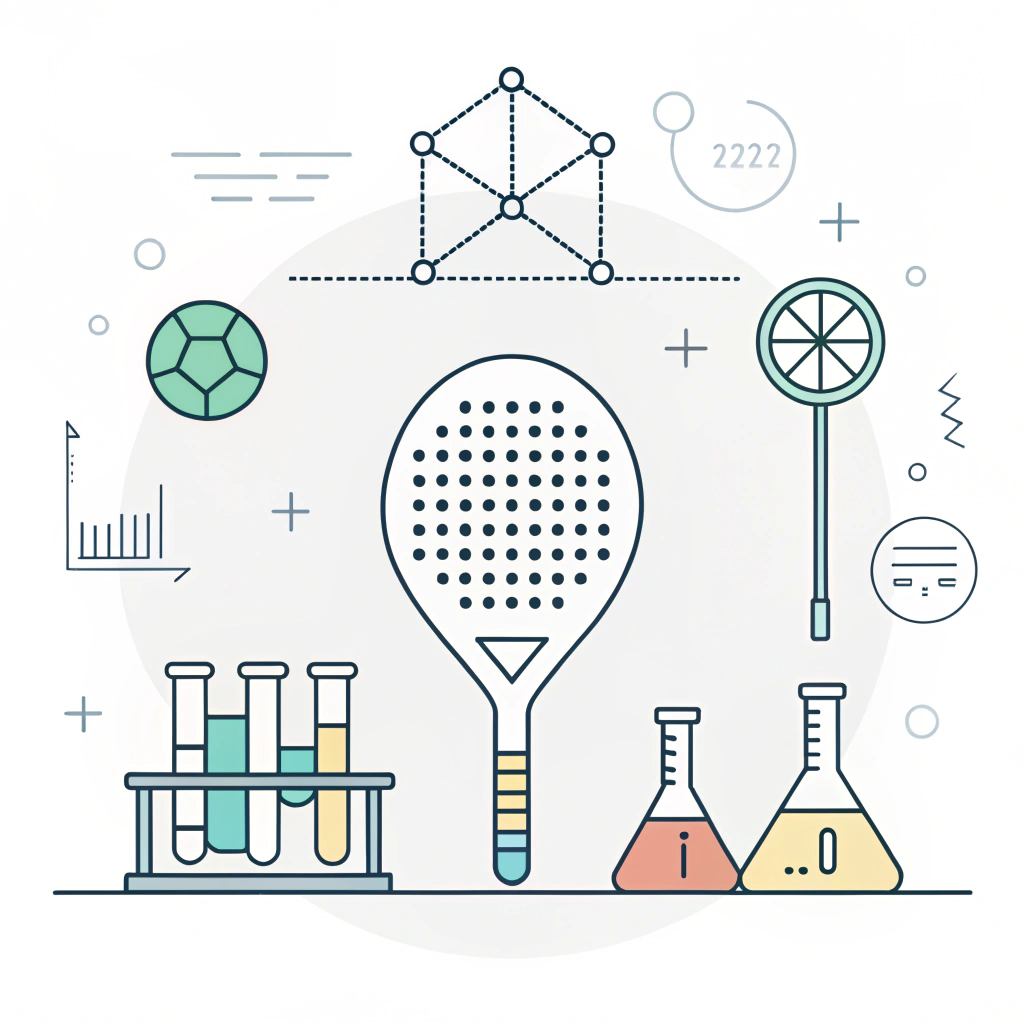 Minimal flat style image of a padel racket with lab testing elements in a modern setting