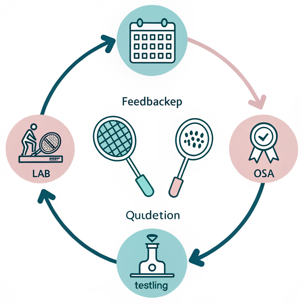 Simplified cyclic illustration of padel racket testing and quality improvement processes