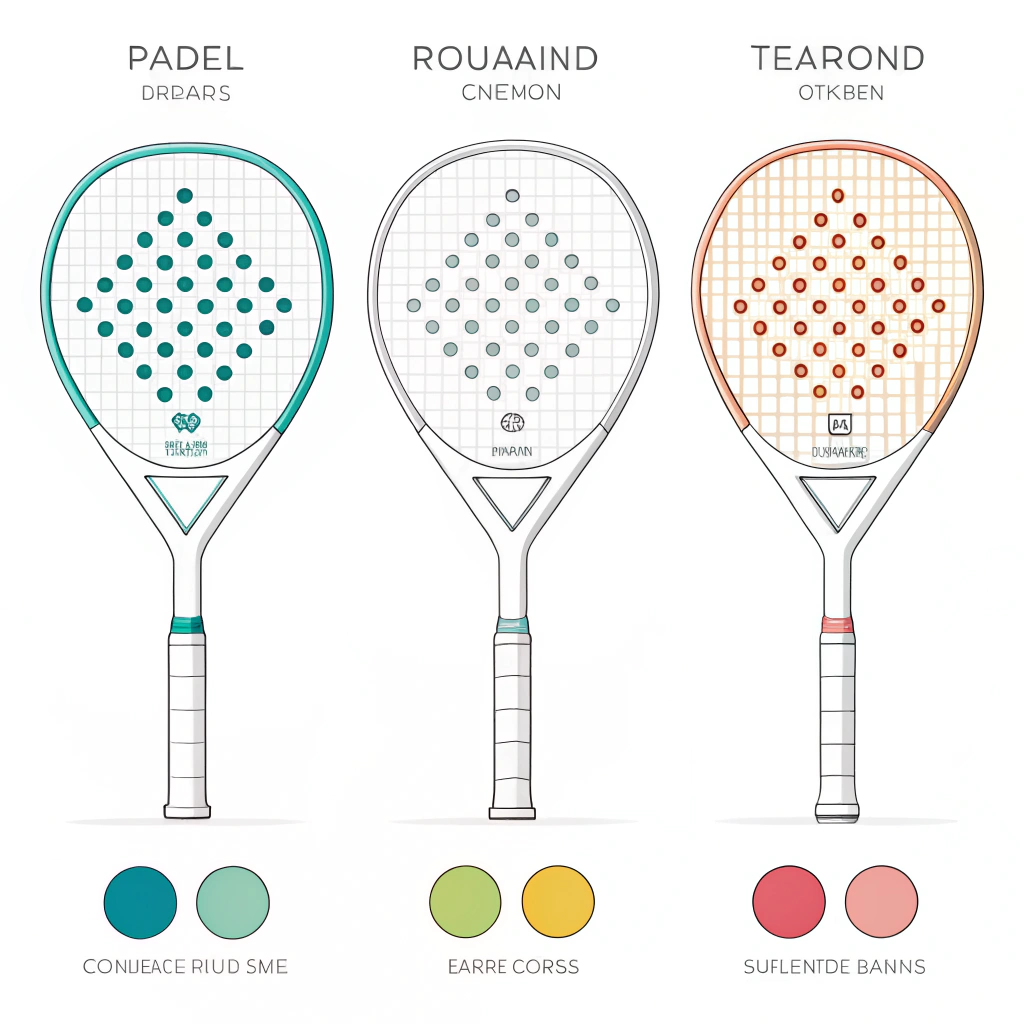 Minimal flat design highlighting three different padel racket shapes and customization features.