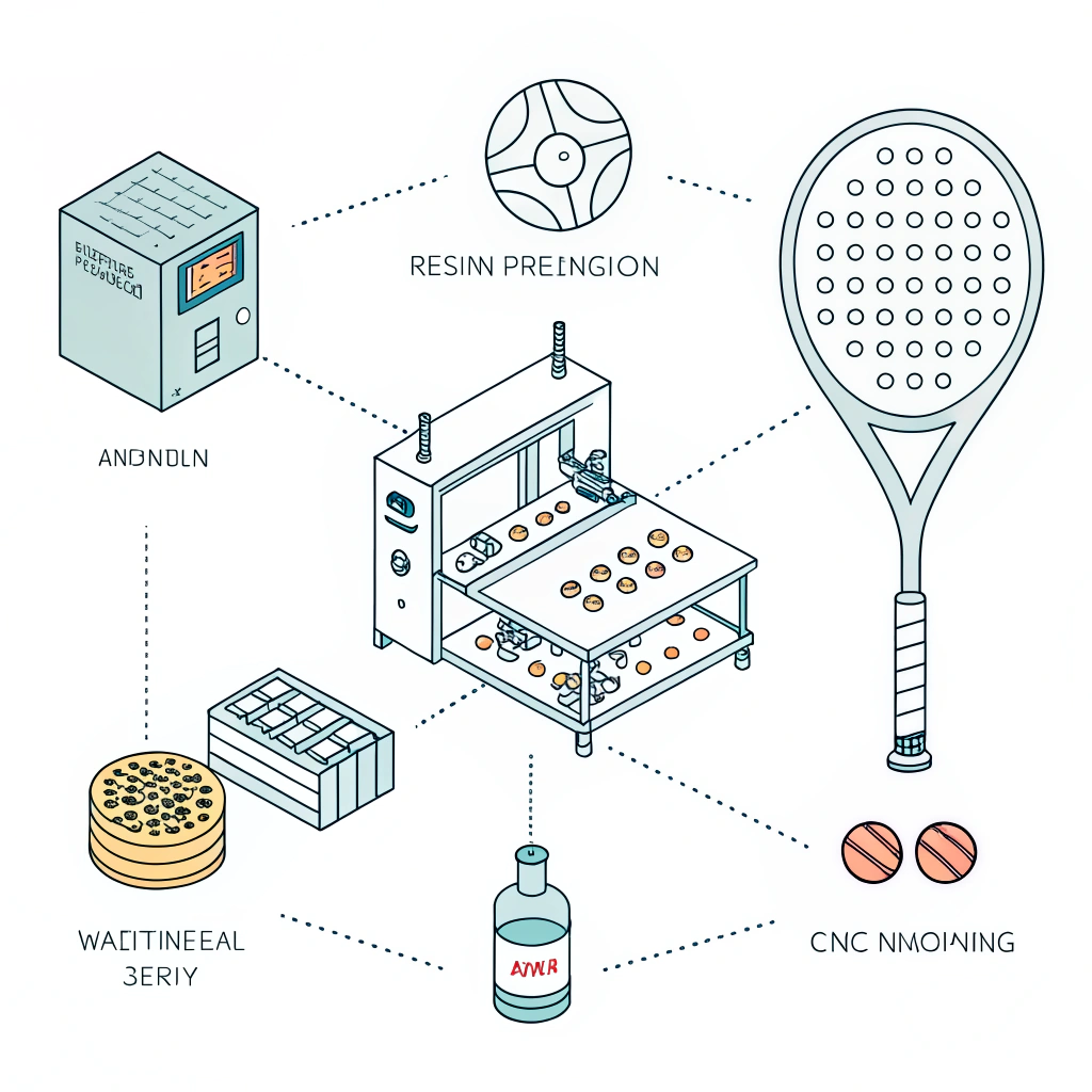 Minimalistic illustration of a technological padel racket manufacturing process.