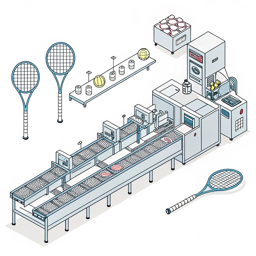 Clean 2D illustration of an efficient padel racket production line emphasizing quality assurance
