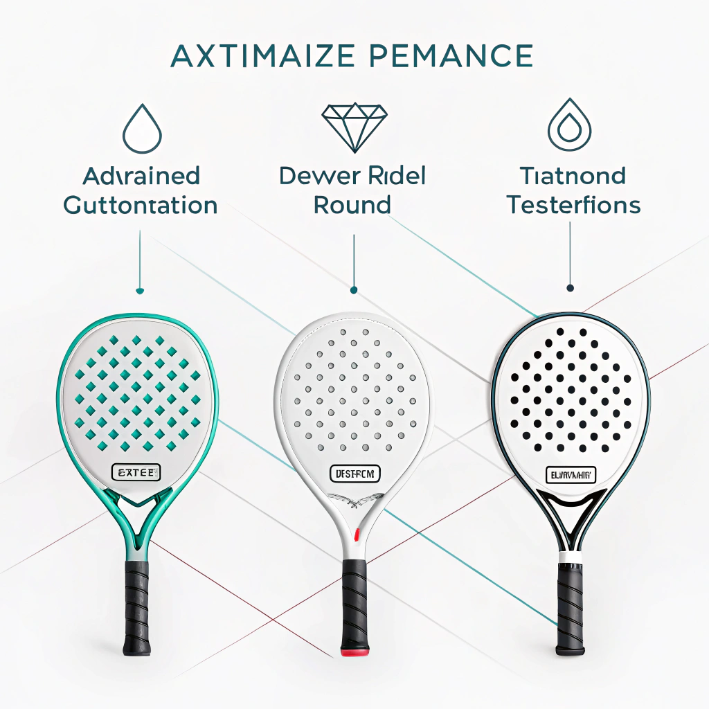 2D illustration of three padel racket shapes highlighting quality and performance