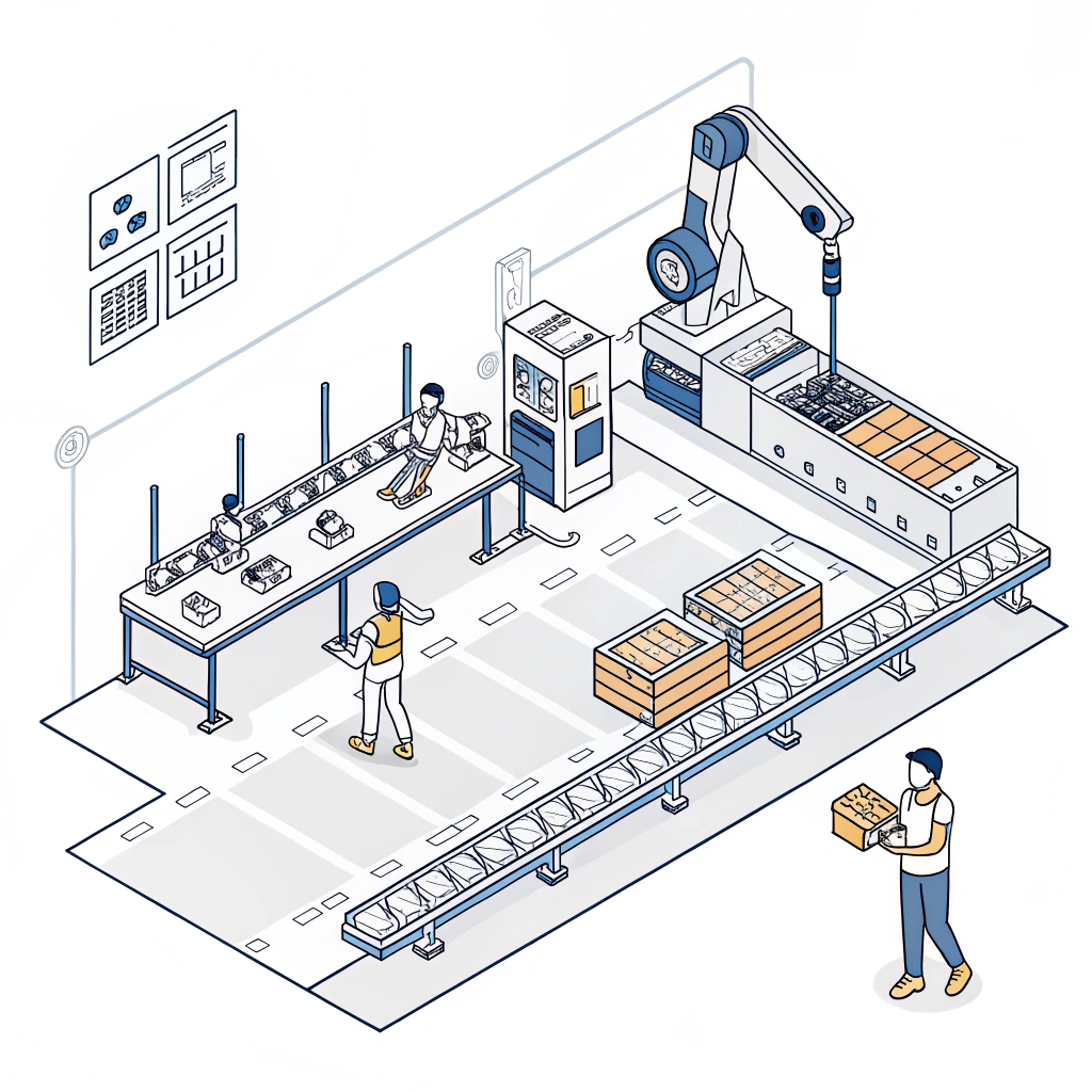 Simplified illustration of an automated padel racket production factory floor