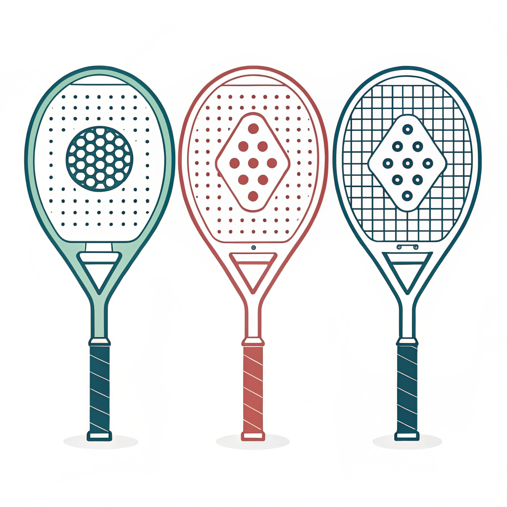 Minimalist illustration comparing diamond, round, and teardrop padel racket shapes