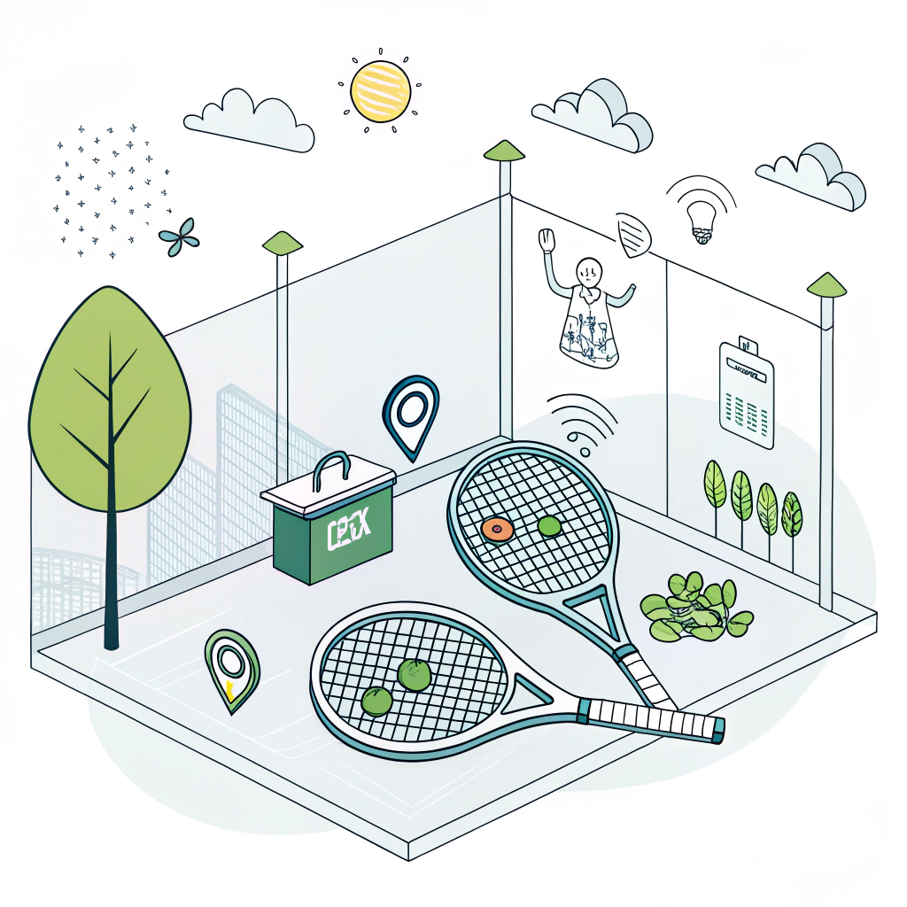 Futuristic minimal illustration of padel equipment with digital and eco-friendly elements