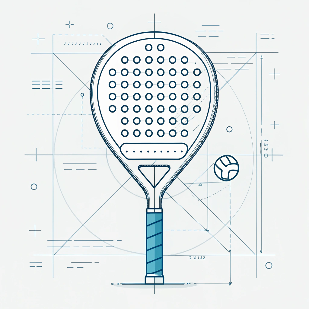 Minimal 2D technical schematic of a padel racket showing precision and quality design