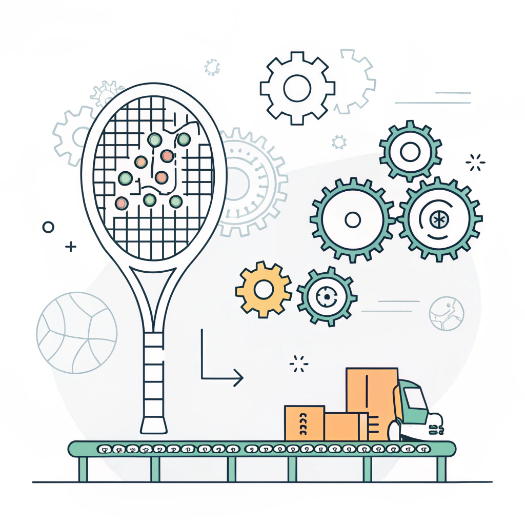 "Simple 2D flat padel racket with abstract gears representing OEM production."