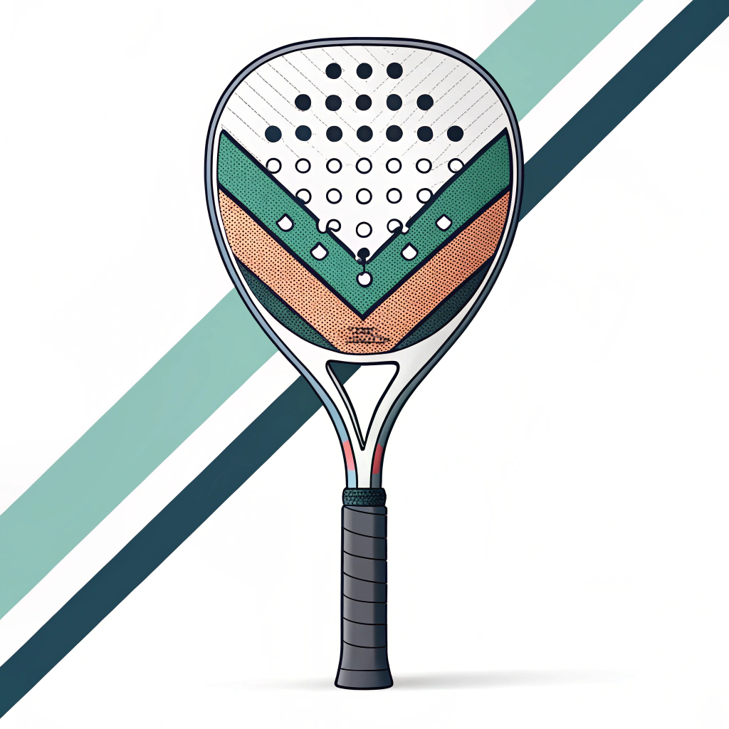 Minimalist 2D illustration of padel racket with custom printed graphics and hand grip detail