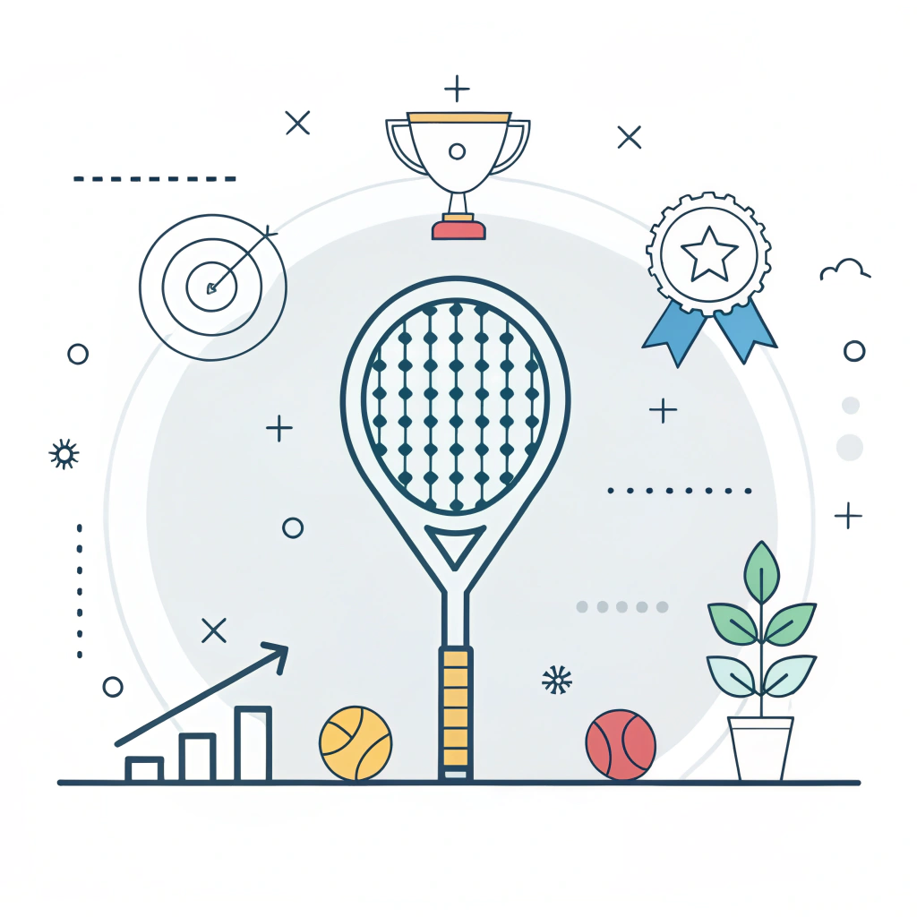 "2D flat illustration of a padel racket with abstract elements symbolizing success and collaboration."
