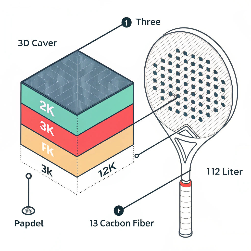 "Minimalist diagram of a padel racket showing layered carbon fiber materials"