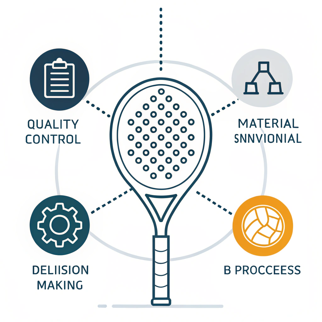 Minimalistic illustration of a padel racket with abstract icons representing production challenges and innovation.