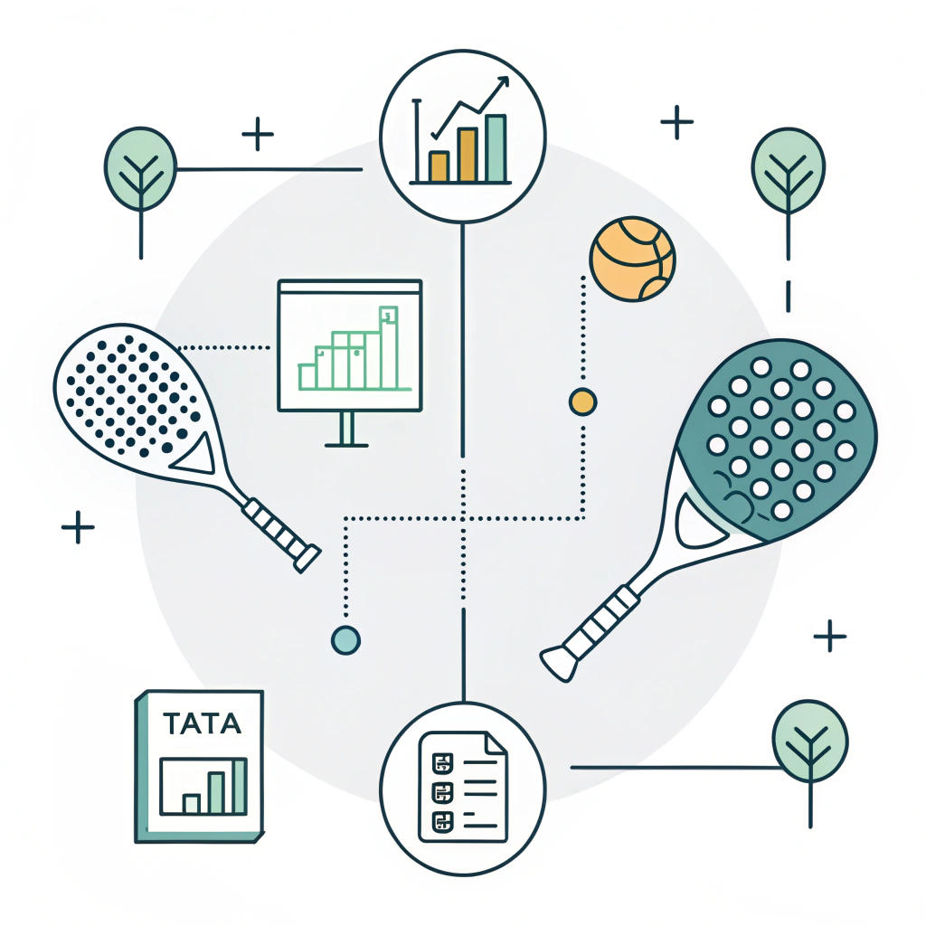 Minimalist 2D illustration of strategic padel procurement with abstract icons and charts
