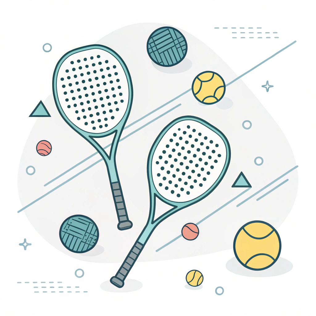 Clean 2D illustration of custom padel rackets and balls in a modern sporty setting.