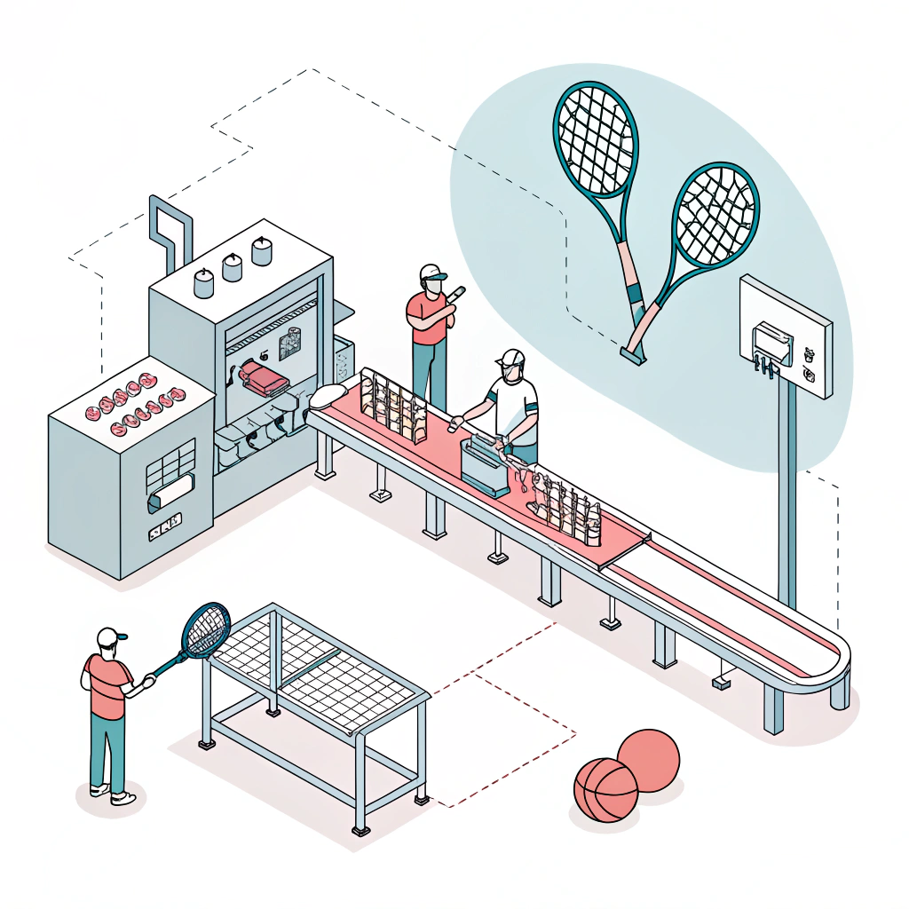 Flat style depiction of a production line creating padel rackets