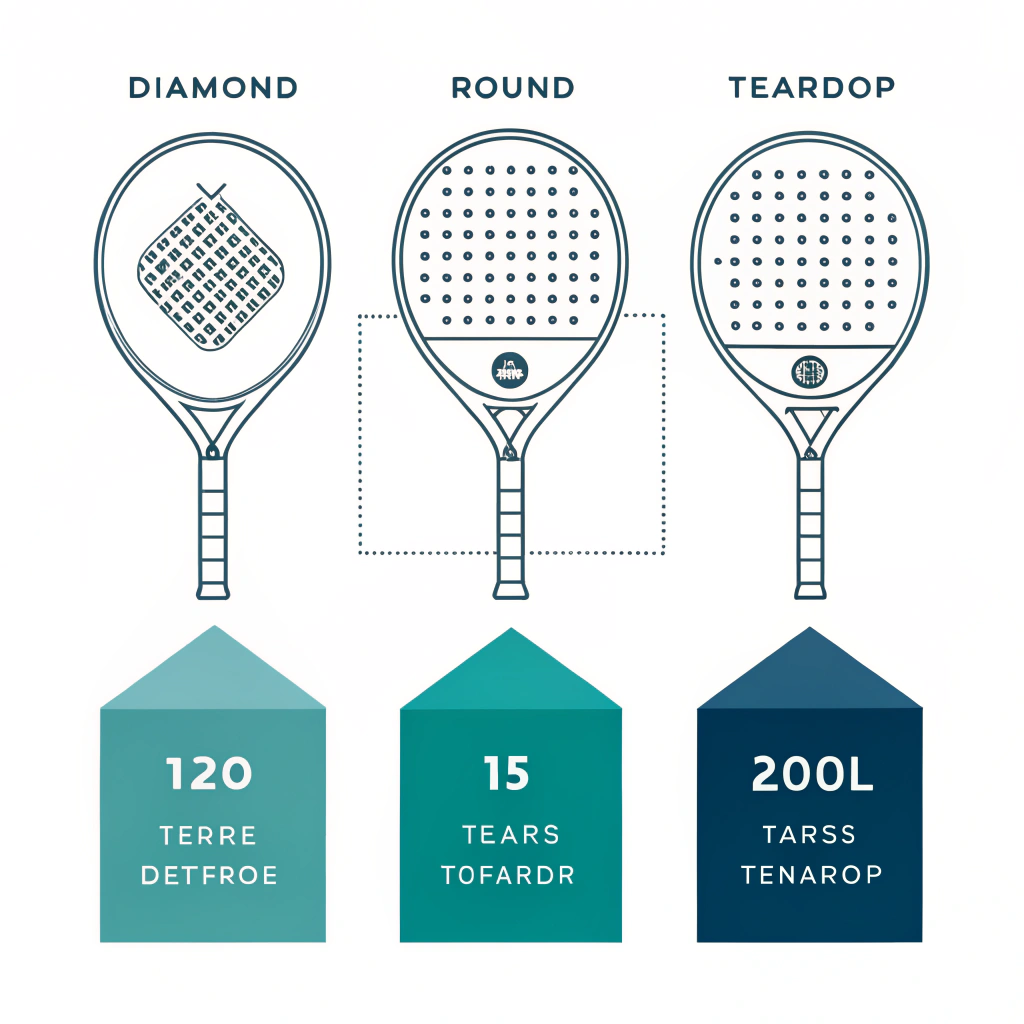 Minimal 2D illustration comparing diamond, round, and teardrop padel racket shapes