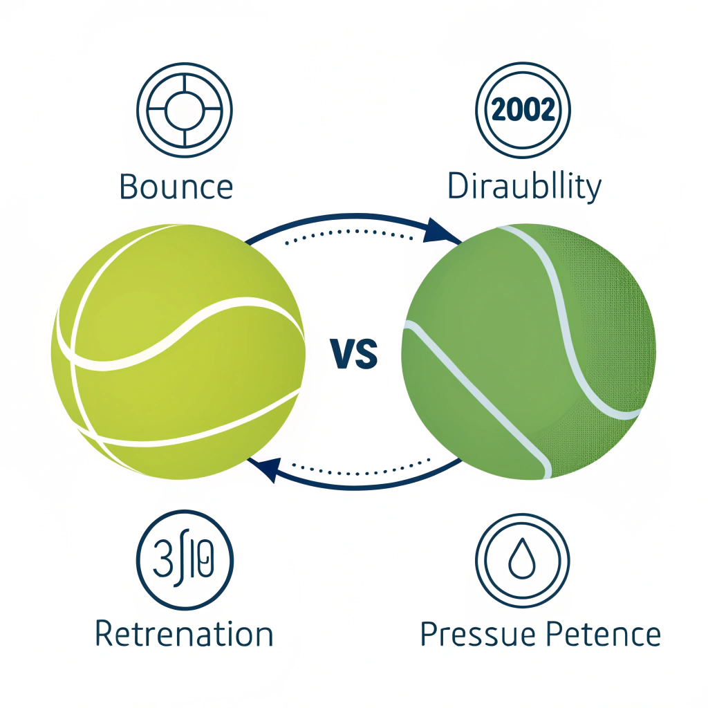 Minimal illustration comparing two padel balls with performance icons.