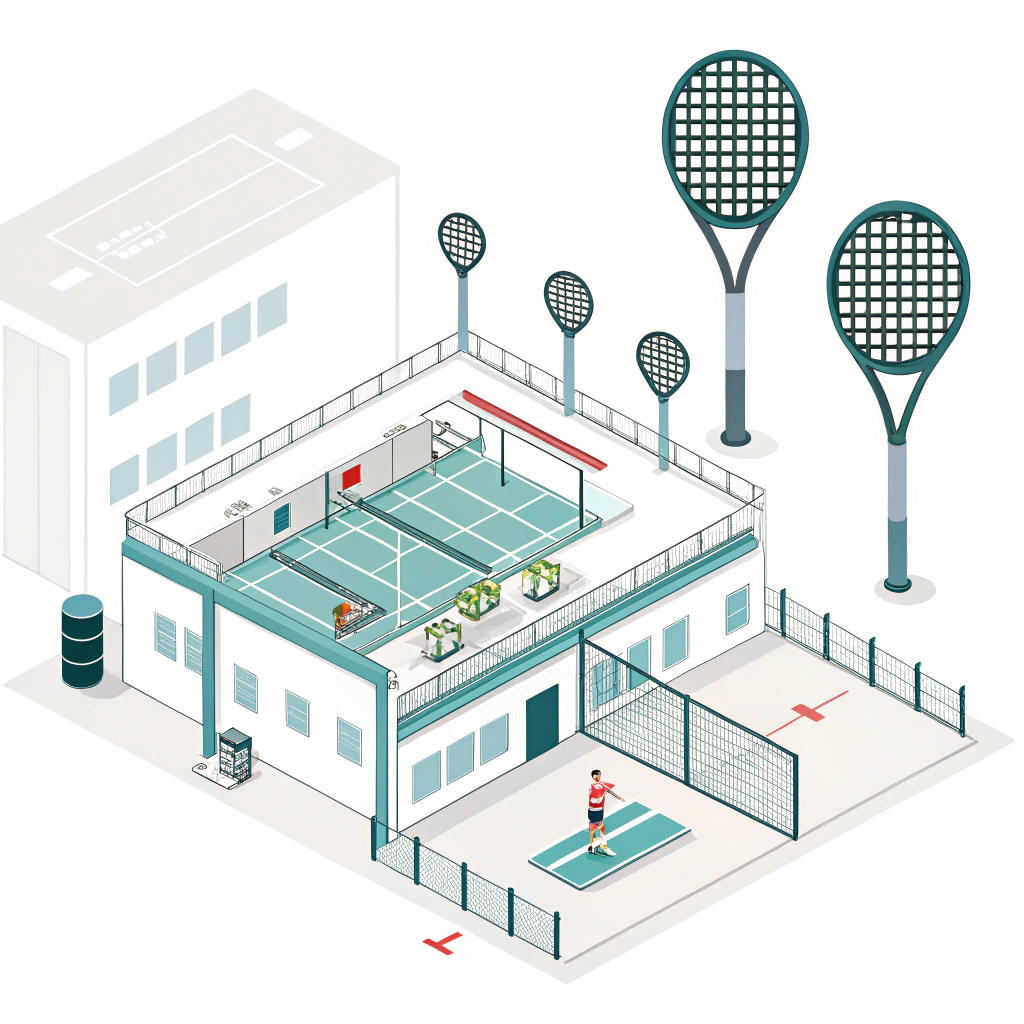 Minimalistic illustration of a state-of-the-art padel racket production facility emphasizing innovation and precision.
