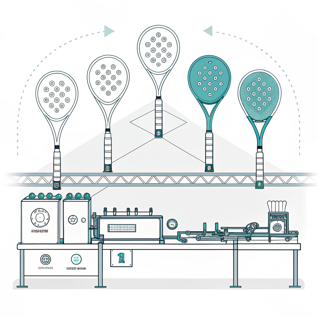 Minimalist illustration of diverse padel racket shapes and customization process.