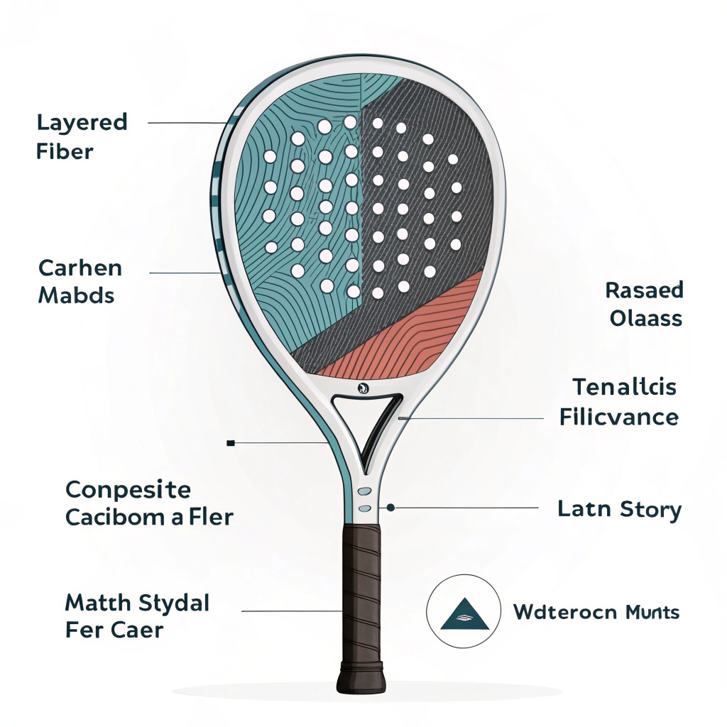 "Minimal illustration highlighting layered glass and carbon fiber materials for a padel racket."