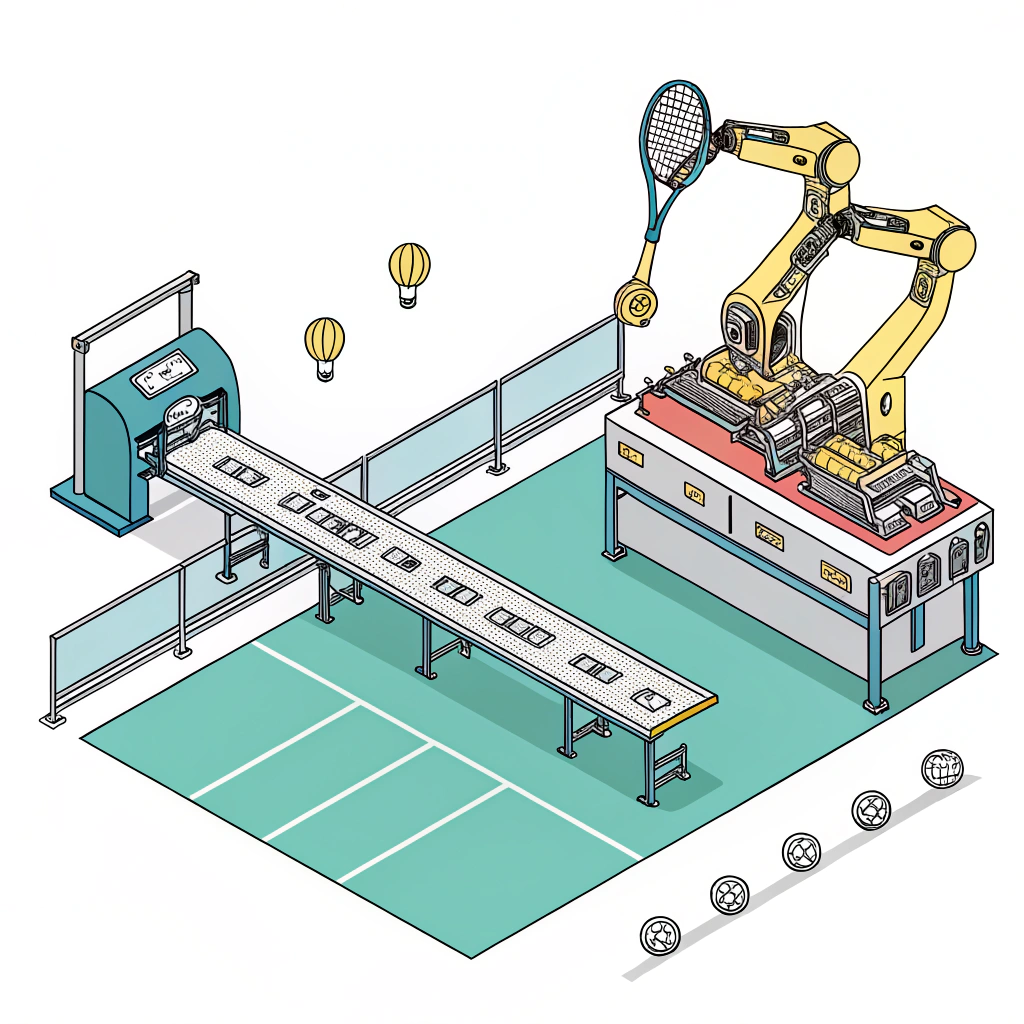 Flat illustration of modern manufacturing and customization in padel racket production.