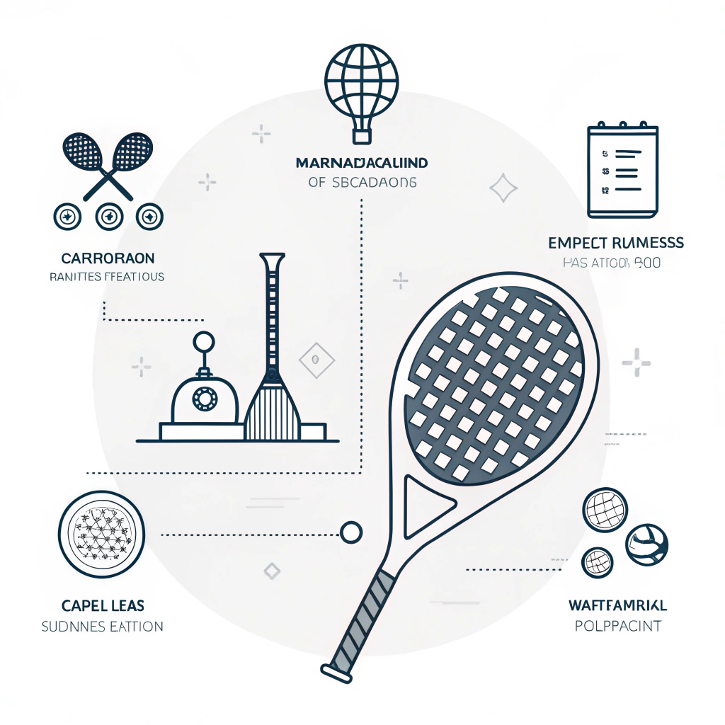 Minimalist 2D illustration depicting padel racket production with carbon fiber and fiberglass elements in a technical style.