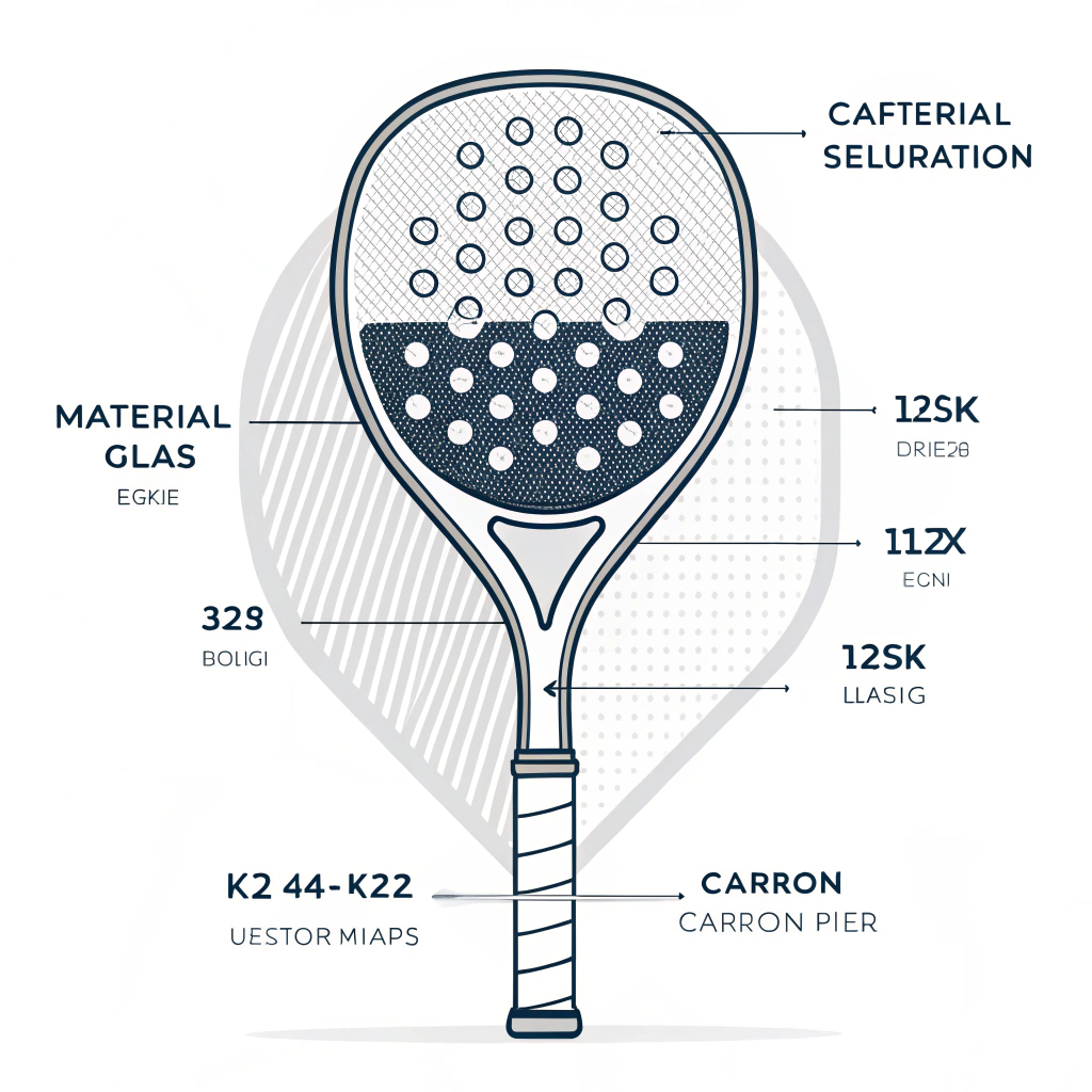Minimalist 2D illustration showing padel racket material layers and technical details