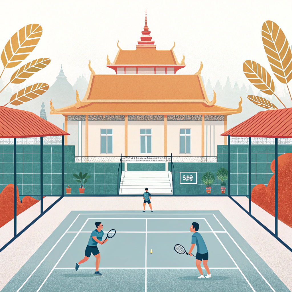 Simple 2D illustration of a padel court in a modern Cambodian sports complex